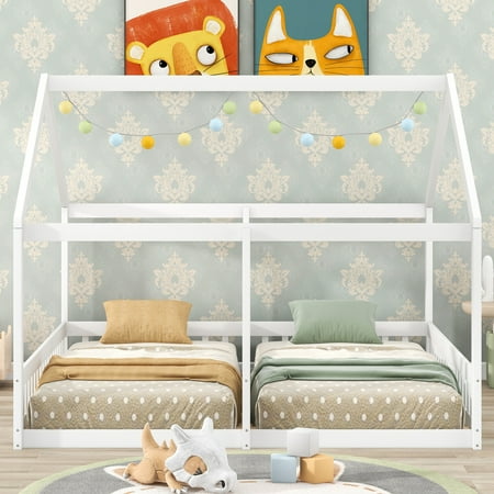 MODERNLUXE Wood Twin Size Platform Bed, House Floor Two Beds in One, Two Shared Beds, White