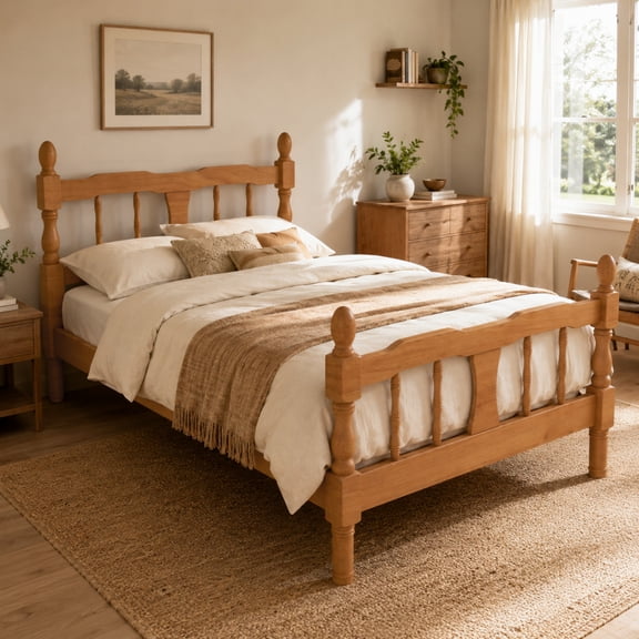 MODERNLUXE Wood Twin Size Platform Bed, Retro Bed Frame with Spindle Headboard & Footboard,Easy Assembly,Light Walnut