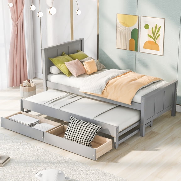 MODERNLUXE Wood Twin Size Platform Bed with Drawers and Trundle, Gray