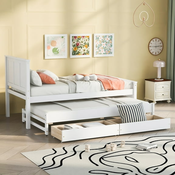 MODERNLUXE Wood Twin Size Platform Bed with Drawers and Trundle, White