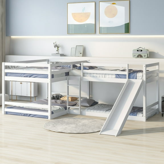 MODERNLUXE Wood Twin and Full Size L-Shaped Bunk Bed with Slide, 4 Beds in One, White
