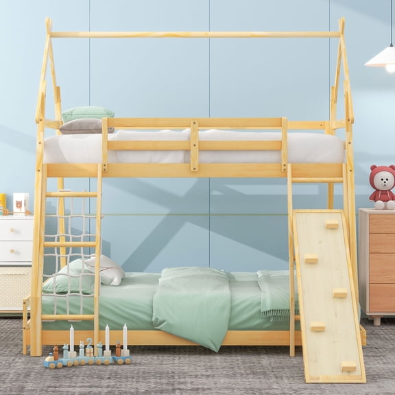 MODERNLUXE Wood Twin over Queen Bunk Bed with Climbing Nets and Ramp, Natural