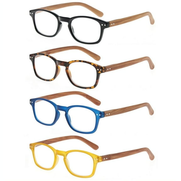 MODFANS 4 Pack Reading Glasses +1.75 Fashion Wood-Look Spring Hinges Stylish Readers Men Women