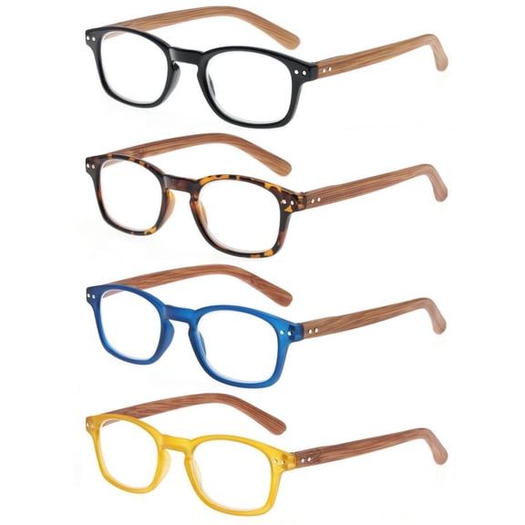 MODFANS 4 Pack Reading Glasses +2.25 Fashion Wood-Look Spring Hinges Stylish Readers Men Women