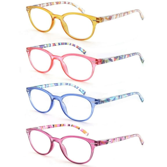 MODFANS 4 Pack Reading Glasses Women,Round Frame Readers Spring Hinges,Ladies Fashion Colorful with Soft Case 2.25