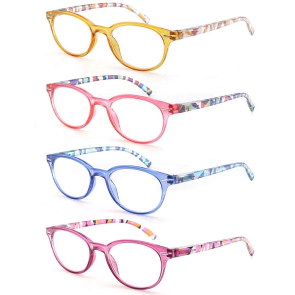 MODFANS 4 Pack Reading Glasses Women,Round Frame Readers Spring Hinges,Ladies Fashion Colorful with Soft Case 2.50