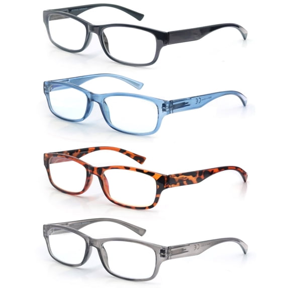 MODFANS Reading Glasses Men and Women +2.50 4 Pack Readers Spring Hinge BLack Gray Blue Tortoiseshell
