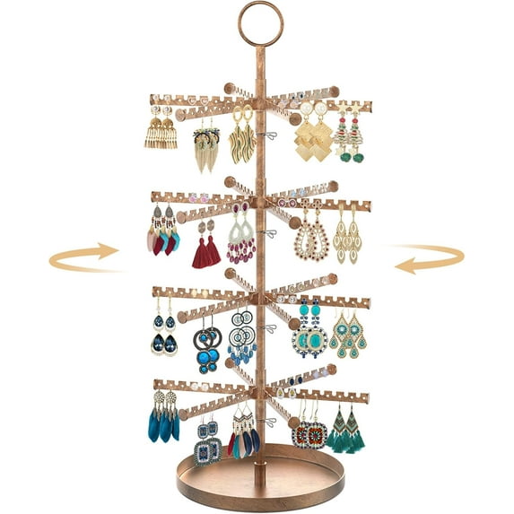 MODOWEY 4 Tier Rotating Earring Holder Organizer, Adjustable Metal Earring Display Stand Rack for Women Girl, 384 Holes and Grooves Earring Tower Tree Organizer for Necklace Bracelet Ring(Bronze)