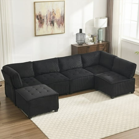 MODULAR SECTIONAL SOFA - 6-SEAT, U-SHAPED WITH REVERSIBLE CHAISE! LUXURIOUS CORDUROY, 22.44" DEEP SEATS, HIGH-RESILIENCE FOAM