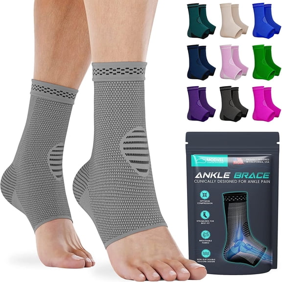 MODVEL 2 Pack Ankle Brace Compression Socks for Women and Men, Light Grey, M