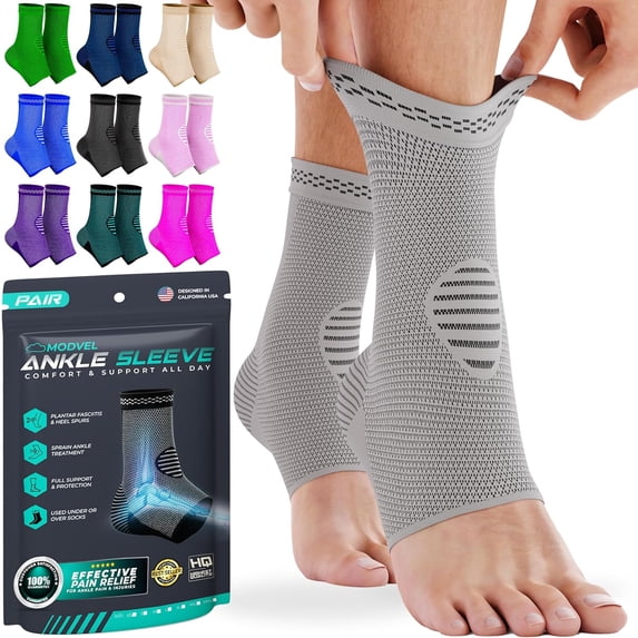 MODVEL 2 Pack Ankle Brace Compression Socks for Women and Men, Light Grey, XL