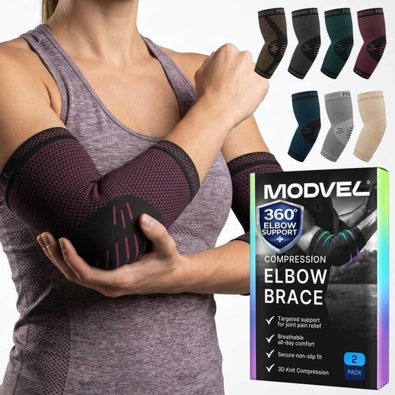Modvel 2 Pack Elbow Brace for Tendonitis and Tennis Elbow, Elbow Compression Sleeve for Pain Relief and Recovery - for Weightlifting, Sports & Workout