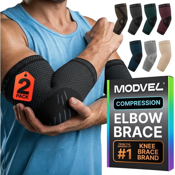 Modvel 2 Pack Elbow Brace for Tendonitis and Tennis Elbow, Elbow Compression Sleeve for Pain Relief and Recovery - for Weightlifting, Sports & Workout