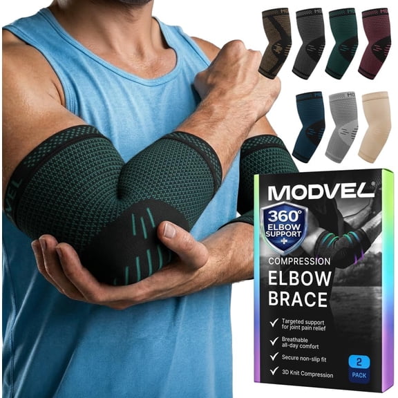 Modvel 2 Pack Elbow Brace for Tendonitis and Tennis Elbow, Elbow Compression Sleeve for Pain Relief and Recovery - for Weightlifting, Sports & Workout