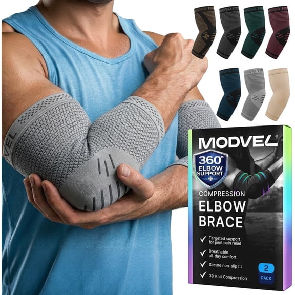 Modvel 2 Pack Elbow Brace for Tendonitis and Tennis Elbow, Elbow Compression Sleeve for Pain Relief and Recovery - for Weightlifting, Sports & Workout