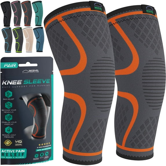 MODVEL Knee Brace Men & Women 2-Pack Knee Support Strap for Knee Pain Set, Knee Compression Sleeve, Knee Braces for Knee Arthritis, Pain Meniscus Tear, ACL - Knee Sleeve (Orange, X-Large)