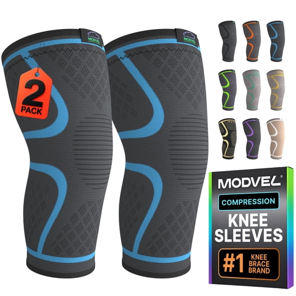 Modvel Compression Knee Brace - 2 Pack for Running Knee Pain, Knee Support Compression Sleeve, or Meniscus Tear ACL & Arthritis Pain Relief