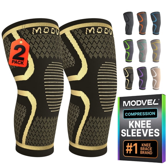Modvel Compression Knee Brace - 2 Pack for Running Knee Pain, Knee Support Compression Sleeve, or Meniscus Tear ACL & Arthritis Pain Relief