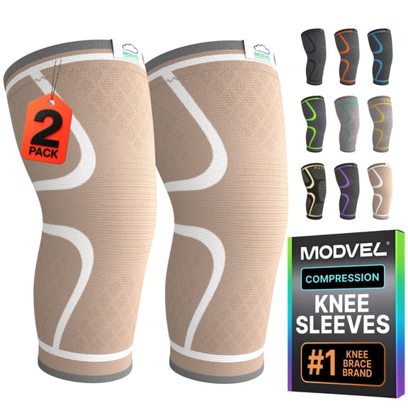 Modvel Compression Knee Brace - 2 Pack for Running Knee Pain, Knee Support Compression Sleeve, or Meniscus Tear ACL & Arthritis Pain Relief