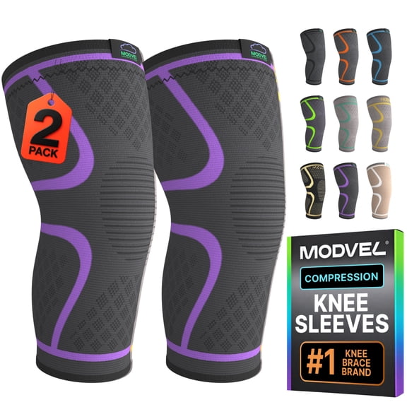 Modvel Compression Knee Brace - 2 Pack for Running Knee Pain, Knee Support Compression Sleeve, or Meniscus Tear ACL & Arthritis Pain Relief