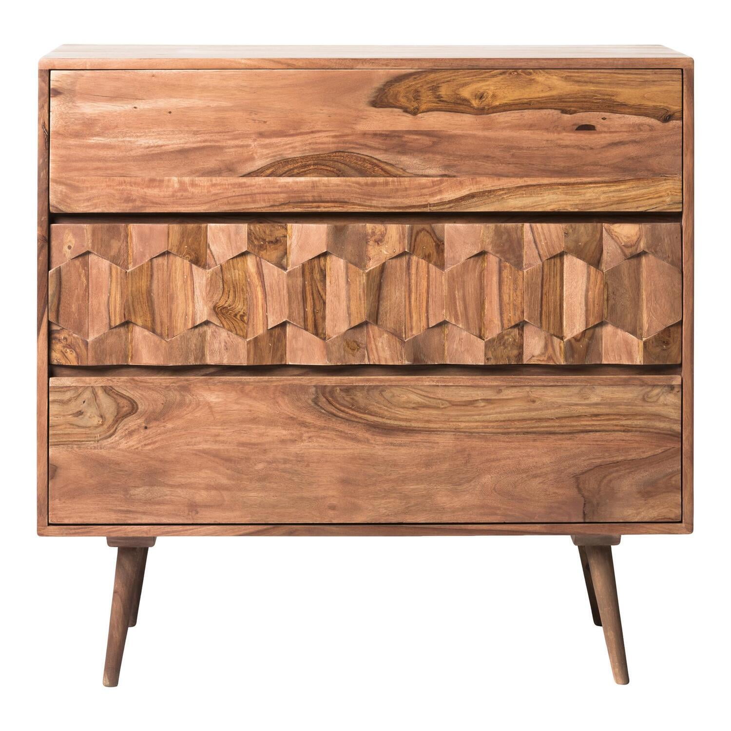 Mid-Century Modern Sheesham Wood 3-Drawer Chest in Natural Brown