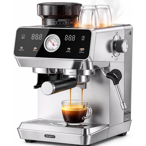MOEFO Espresso Machine with Grinder, 20 Bar Programmable Semi-Automatic Coffee Maker, Visual Pressure Gauge & Touchscreen, Compact Design with 44-Grind Settings, Make Americano, Latte