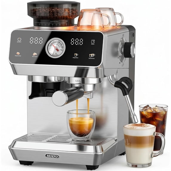 MOEFO Espresso Machine with Grinder, 20 Bar Programmable Semi-Automatic Coffee Maker, Visual Pressure Gauge & Touchscreen, Compact Design with 44-Grind Settings, Make Americano, Latte