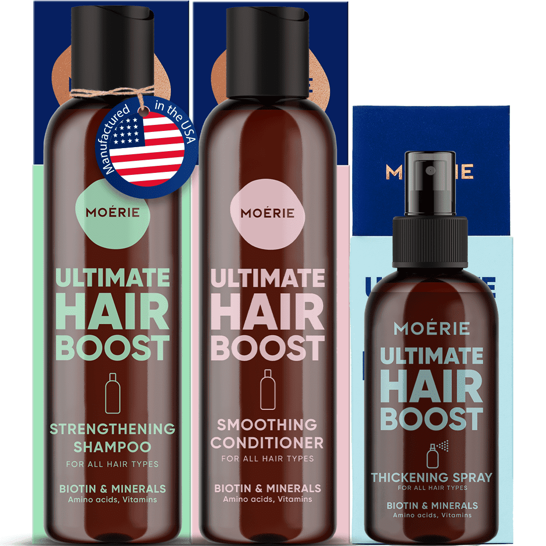 MOERIE Mineral Hair Growth Shampoo and Conditioner Plus Hair Spray Pack – The Ultimate Hair Care Set – For Longer, Thicker, Fuller Hair - Stop Hair Loss – Paraben & Silicone Free Products (3 items)