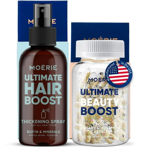 MOERIE Ultimate Hair Growth Kit with Spray - Supplement & Serum for Women & Men - Hair Skin and Nails Vitamins With Biotin, Q10 & 77 Minerals-For Thicker, Fuller Hair & Hair Loss Treatment - 2 items