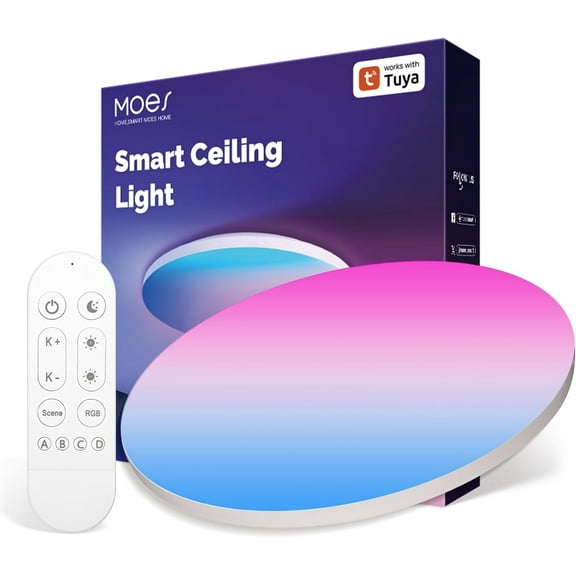 MOES Smart LED Ceiling Light, 2500LM WiFi Flush Mount, Color Changing Ambient Light Fixture, 3000K-6500K CW & RGB Dimmable, Smart Life App Remote Control, Compatible with Alexa/Google Home, 12 Inch