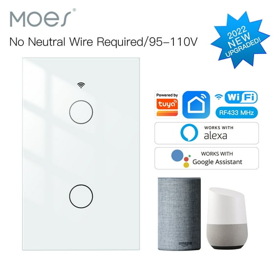 MOES WiFi Smart Light Switch, No Neutral Wire Switch, Single Pole 110V, RF433, 2 Gang, White