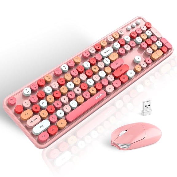 MOFII Wireless Keyboard and Mouse Combo 2.4GHz Retro Full-Size Keyboard with Number Pad and Cute Wireless Mouse for PC Desktop Laptop Mac Windows (Pink)