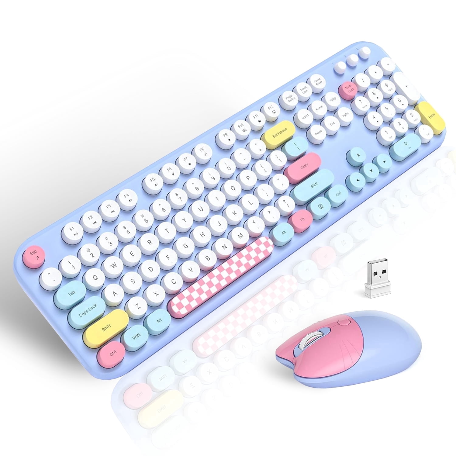 MOFII Wireless Keyboard and Mouse Combo 2.4GHz Retro Full-Size Keyboard with Number Pad and Cute Wireless Mouse (Light Blue Colorful)