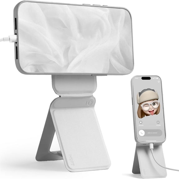 MOFT Phone Stand, Magnetic Phone Tripod Stand Stain-Resistant MOVAS Leather & Angle Adjustment & Strong Magnets Tripod for iPhone 17/16/15/14/13/12 (Included Metal Ring)-Misty Cove