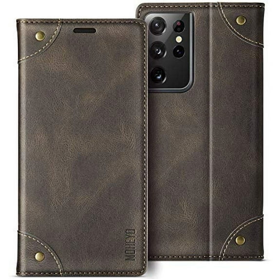 MOHEYO Luxury Wallet Flip Cover Soft Leather Card Holder Case for Samsung Galaxy S21 Ultra - Slate