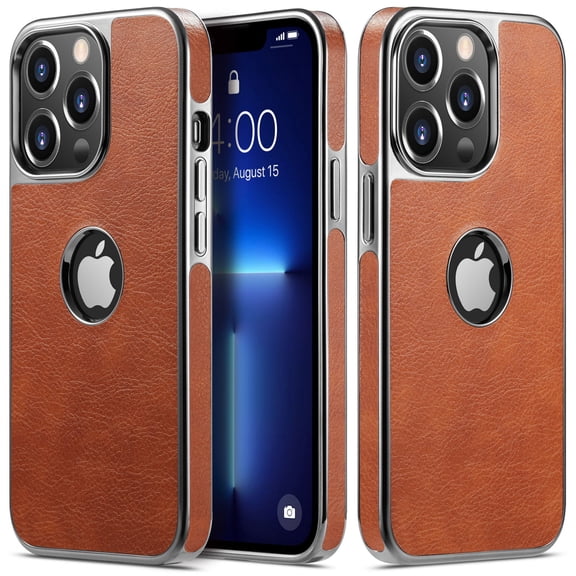 MOHEYO Shockproof Logo View Cover Metallic Frame Vegan Leather Case for iPhone 13 Pro Max - Brown