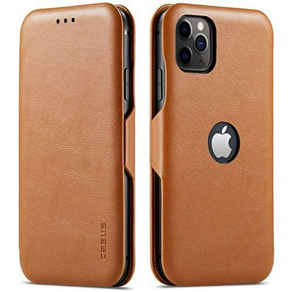 MOHEYO Slim Flip Cover Wallet Logo View Card Holder Case for iPhone 12 | 12 Pro - Brown