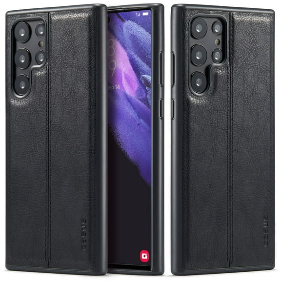 MOHEYO Slim Vegan Leather Cover Thin Luxury Case Compatible for Samsung Galaxy S22 Ultra 5G - Black