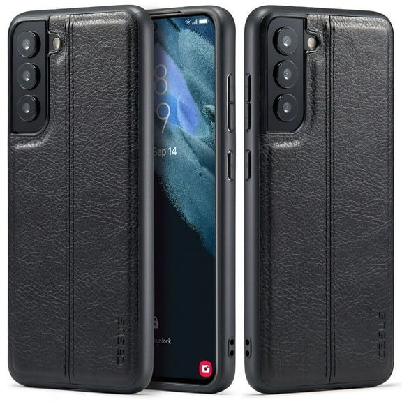 MOHEYO Slim Vegan Leather Cover Thin Luxury Classic Case for Samsung Galaxy S21 FE 5G - Black