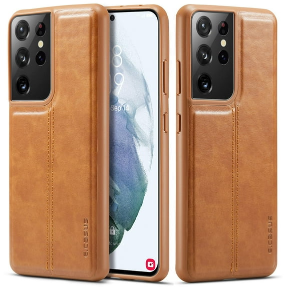 MOHEYO Slim Vegan Leather Cover Thin Luxury Classic Case for Samsung Galaxy S21 Ultra 5G - Brown