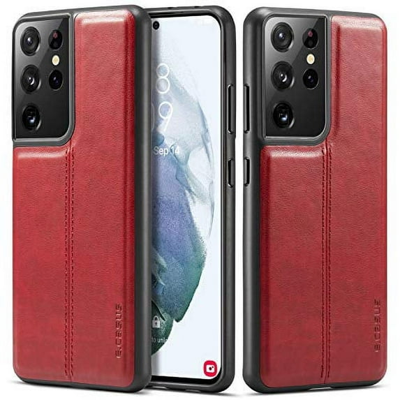 MOHEYO Slim Vegan Leather Cover Thin Luxury Classic Case for Samsung Galaxy S21 Ultra 5G - Red