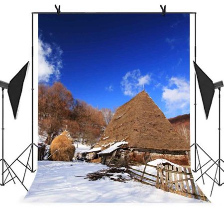 MOHome 5x7ft Farm Photography Backdrop Ancient House Grass Heap Railing Snow Tree Mountain Background Photo Booth Studio Props Party Business Use Background