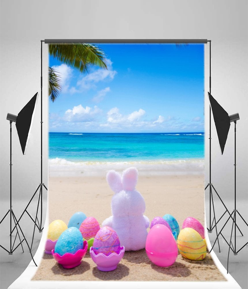 MOHome 5x7ft Happy Easter Eggs Backdrop White Rabbit Seaside Sand Beach ...