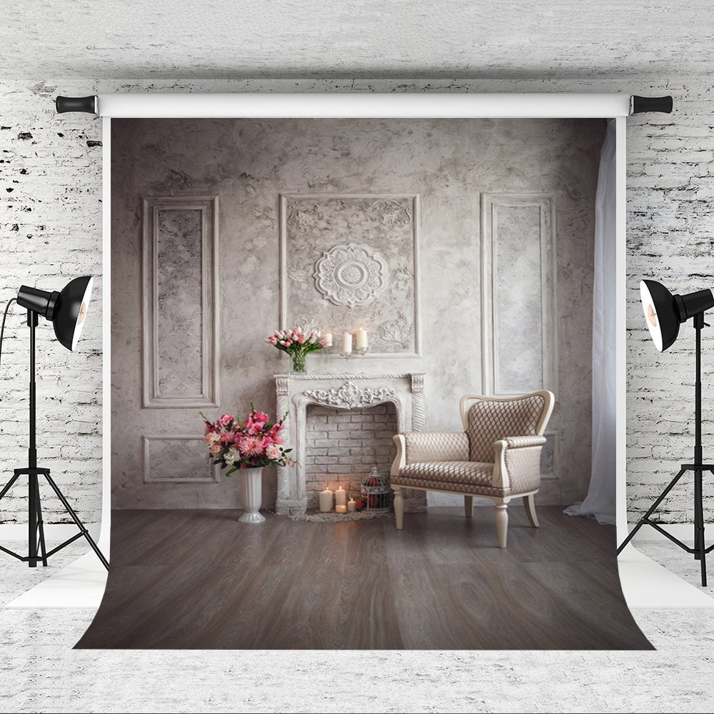 MOHome 5x7ft Retro Indoor Wall Backdrop Pink Flowers Wooden Floor