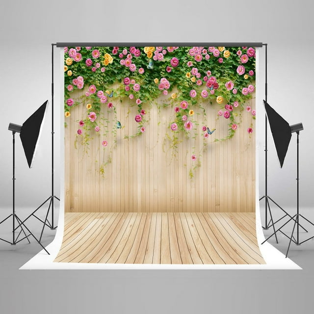 MOHome 5x7ft Wood Wall Backdrops Photography Props Pink Flowers Wooden Texture Floor Backgrounds for Photo Studio Prop