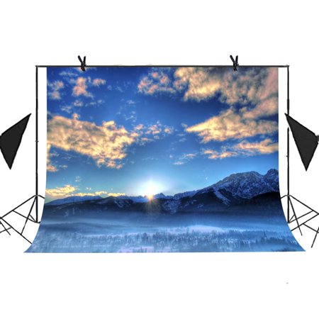 MOHome 7x5ft Fantastic Blue Landscape Backdrop Fog Snowy Mountain Plants Sunset Blue Sky White Clouds Background Photo Booth Studio Props Party Background