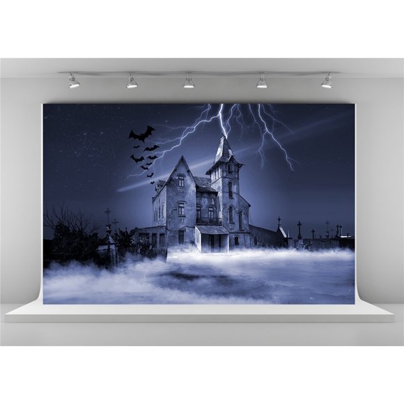 MOHome 7x5ft Photography Backdrops Happy Halloween Background Lightning Castle Photo Booth Backdrop