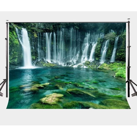 MOHome 7x5ft Quiet Mountian View Backdrop Green Trees Green Moss Falling Waterfall Photography Background Photo Video Studio Props