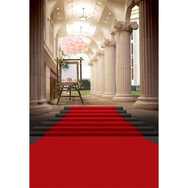 MOHome Backdrop 5x7ft Photography Background European Feature Red Carpet Canvas Marble Pillar Balloon Romantic Theme Background Backdrop for Video Photo Studio Props