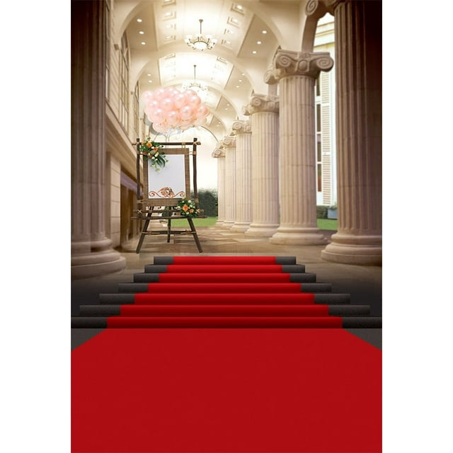 MOHome Backdrop 5x7ft Photography Background European Feature Red Carpet Canvas Marble Pillar Balloon Romantic Theme Background Backdrop for Video Photo Studio Props